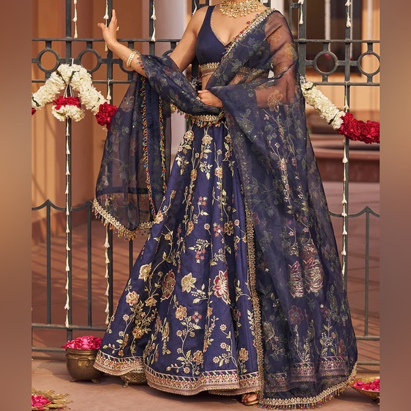 Navy Blue Embroidered Lehenga - custom long sleeves and padding - Picture 4 of 15